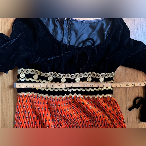 70s Vintage Black Velvet Dress with Accordion Pleat Orange Skirt - Picture 3 of 5